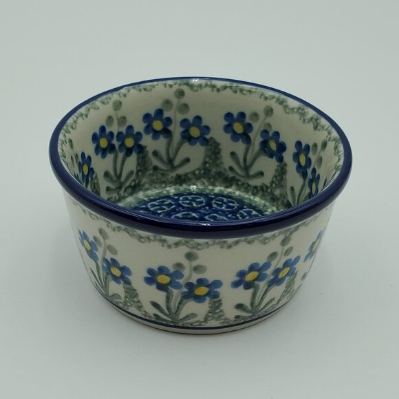 Polish Pottery Small Blue Daisy Circle Bowl Blue Floral Ramekin Trinket Dish - Picture 2 of 5